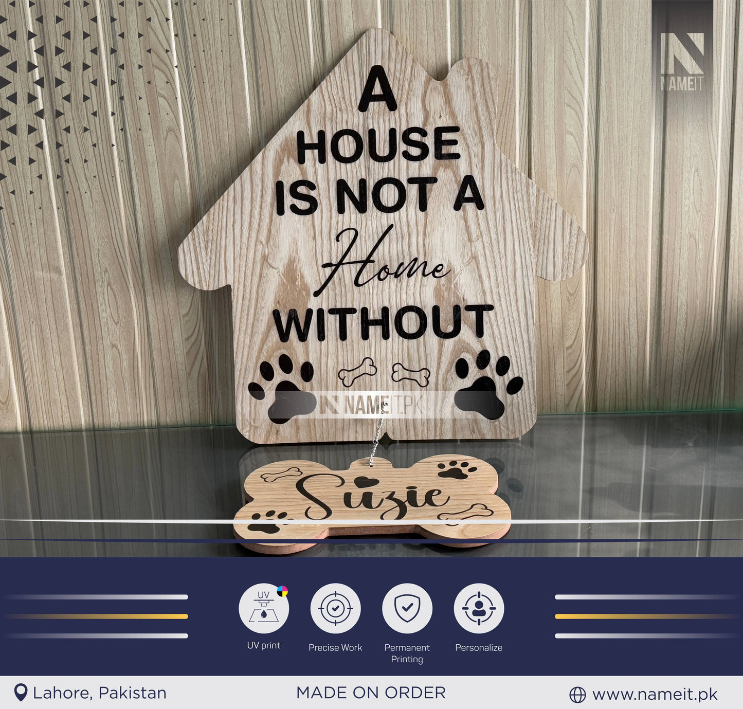 Personalised Pet Sign. A house is not a home without a dog - Dog sign - Housewarming gift - Wooden Laser Cut Uv Print Pet Sign