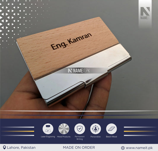 Company Personalized Business Wood & Metal Card Holder, Logo/Text Laser Engraved