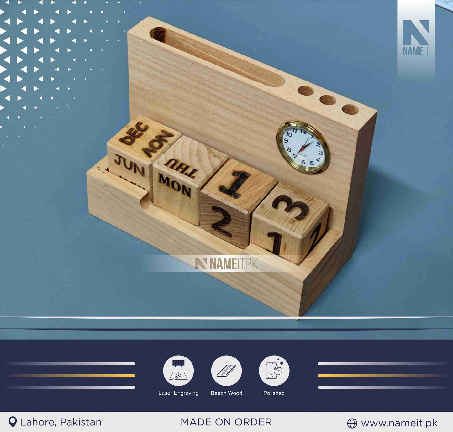 Wooden Pen stand with clock & Calendar | Desk organizer with Month, Date Calendar | Pen stand with clock for office, work, Home Decor, 2 compartment wooden pen stand