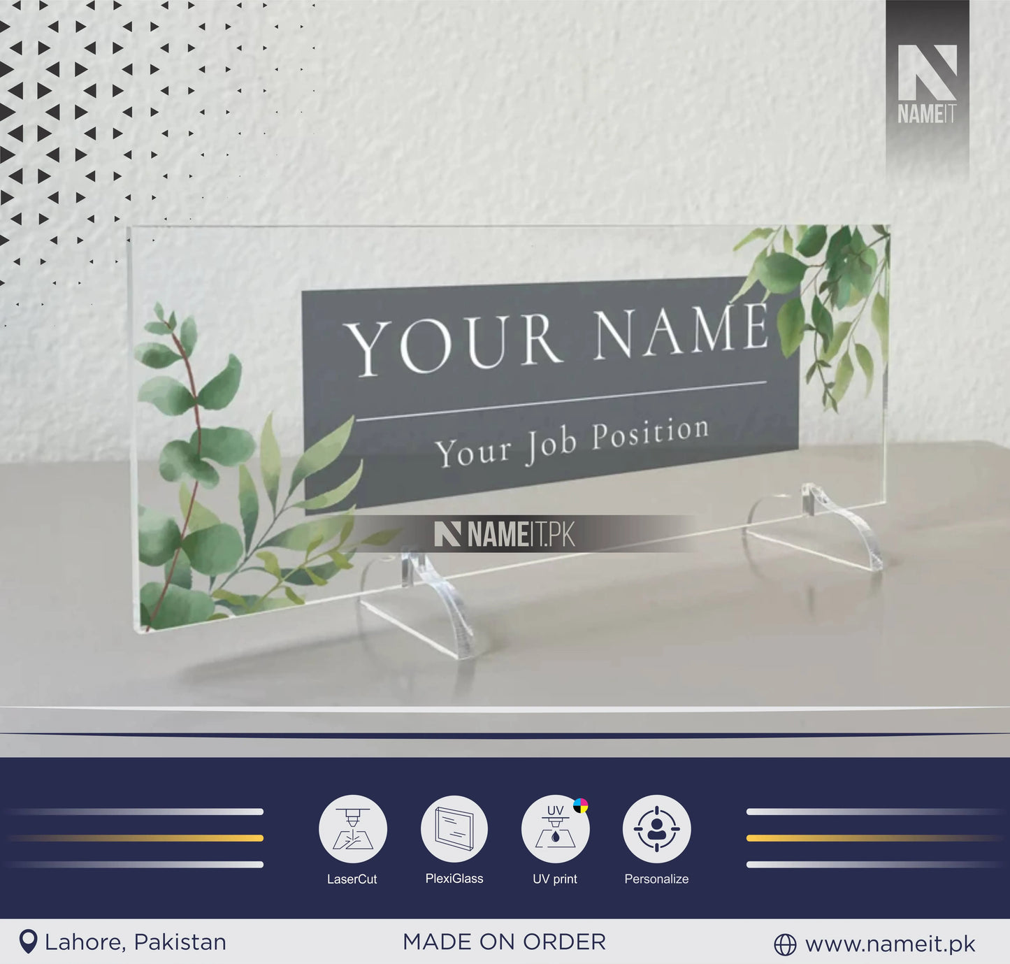 Custom Acrylic Name Plate with Leaves Pattern, Table Top Decoration, Transparent Acrylic Plexiglass, Modern Desk Decoration