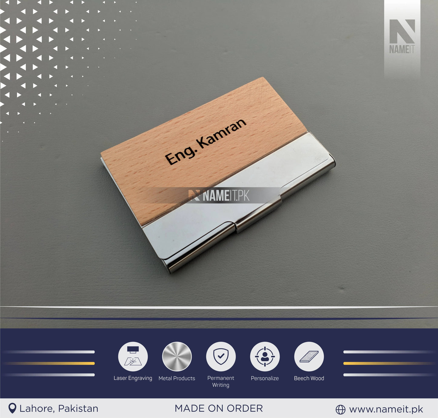 Company Personalized Business Wood & Metal Card Holder, Logo/Text Laser Engraved