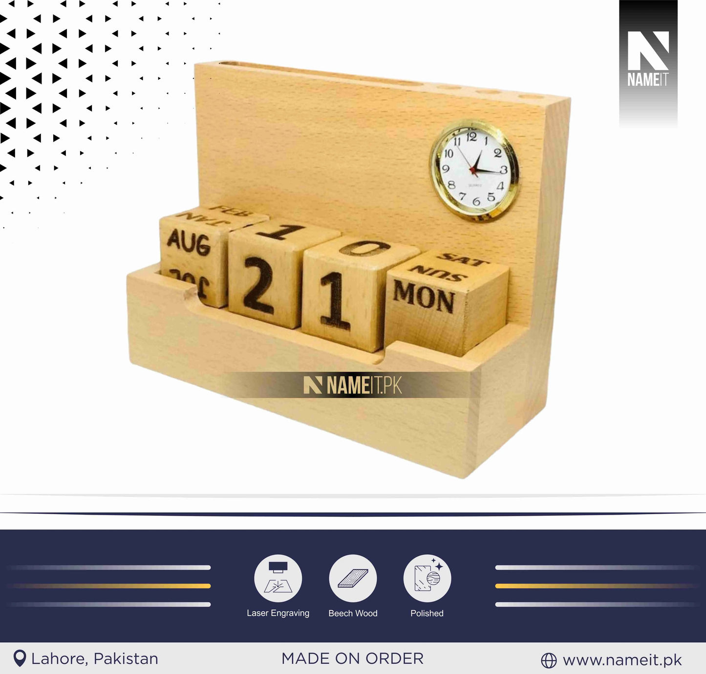 Wooden Pen stand with clock & Calendar | Desk organizer with Month, Date Calendar | Pen stand with clock for office, work, Home Decor, 2 compartment wooden pen stand