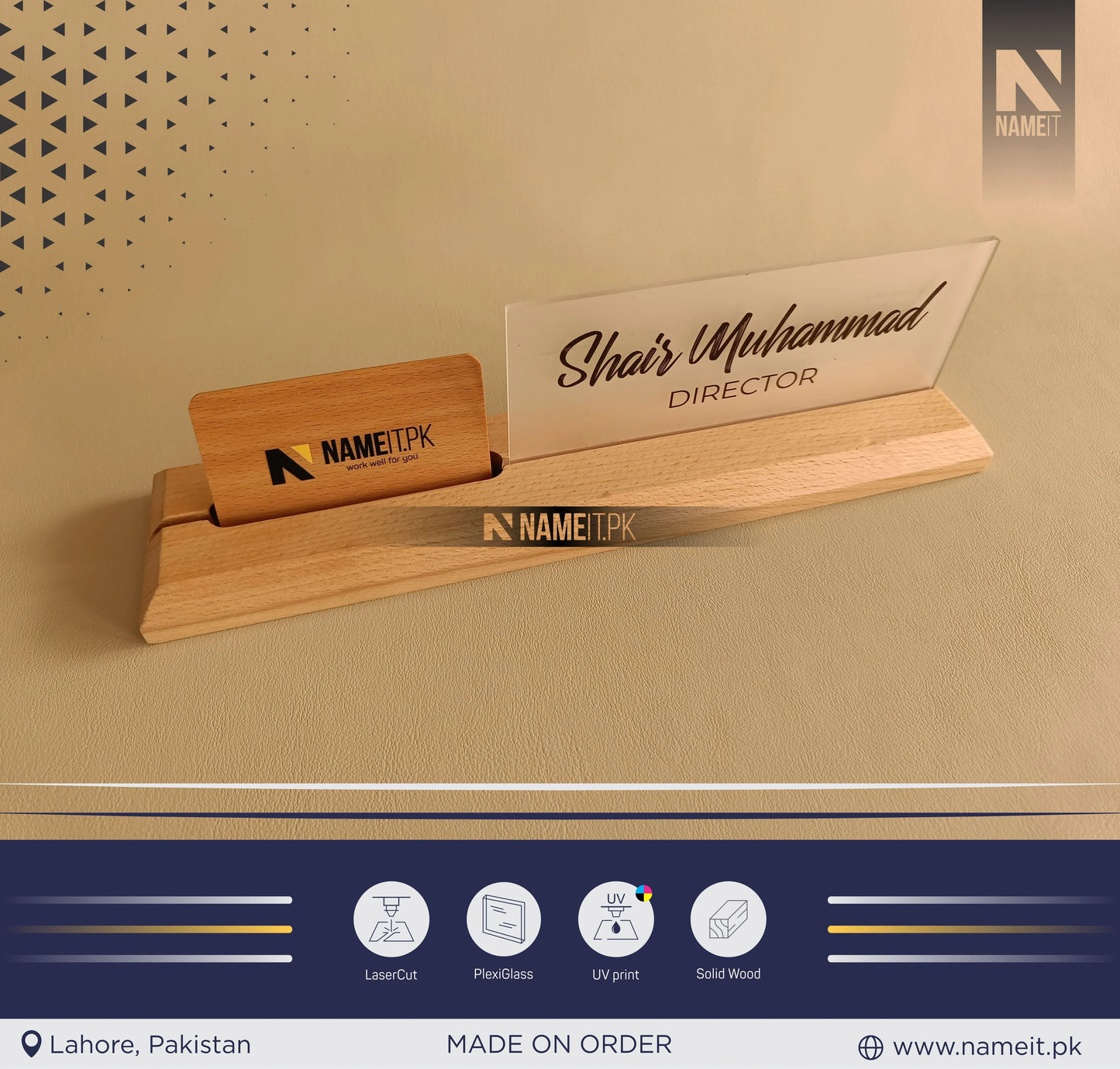 Desk Name Plate with Attached Business Card Holder, card display for office, Mobile Stand, name plate with business card holder for desk