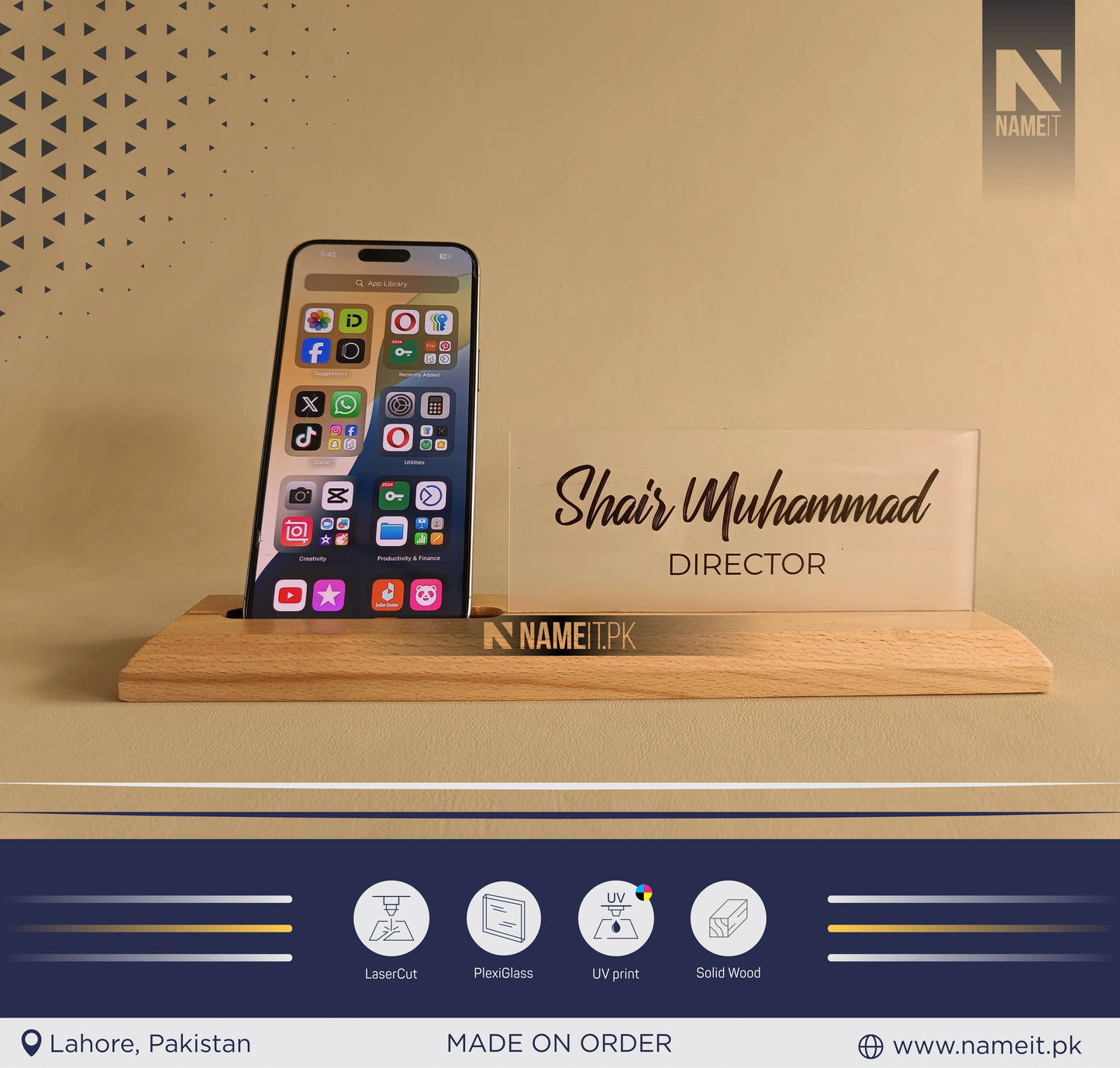 Desk Name Plate with Attached Business Card Holder, card display for office, Mobile Stand, name plate with business card holder for desk