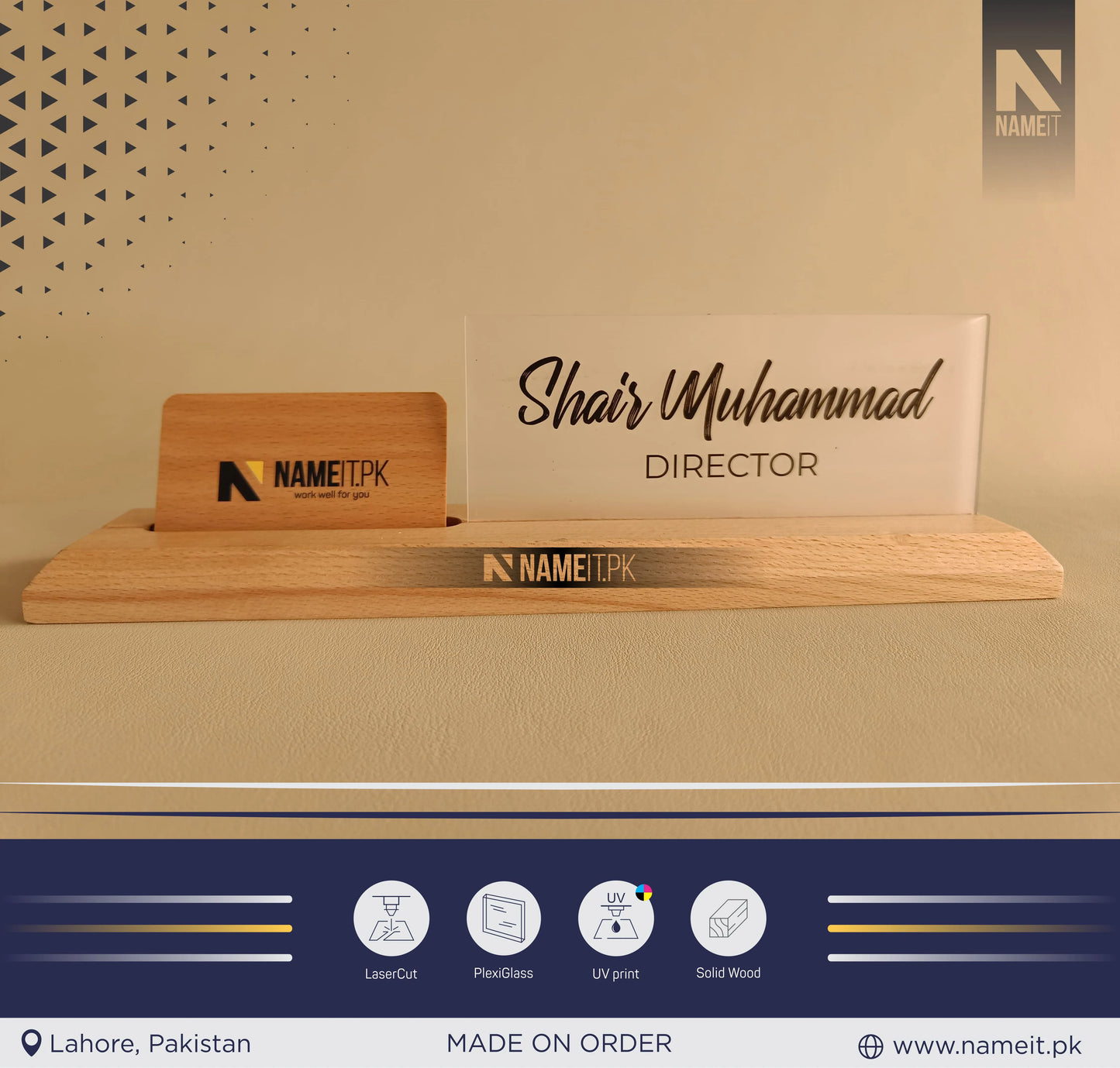 Desk Name Plate with Attached Business Card Holder, card display for office, Mobile Stand, name plate with business card holder for desk