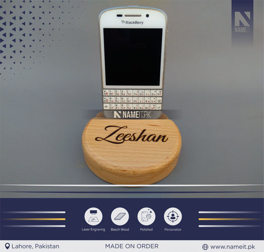 Mobile Wooden Stand, Customize Round Mobile Stand, Engraved Mobile Wooden Stand.