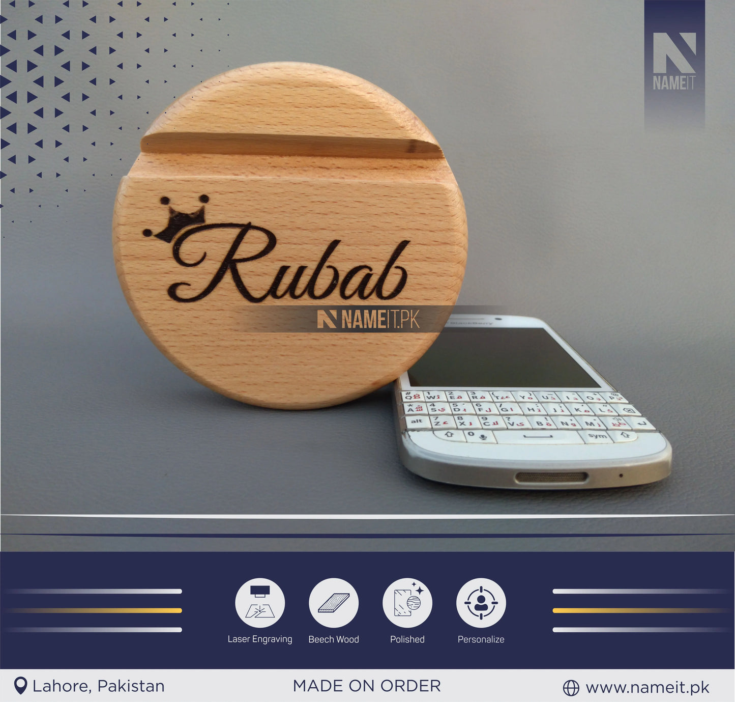 Mobile Wooden Stand, Customize Round Mobile Stand, Engraved Mobile Wooden Stand.