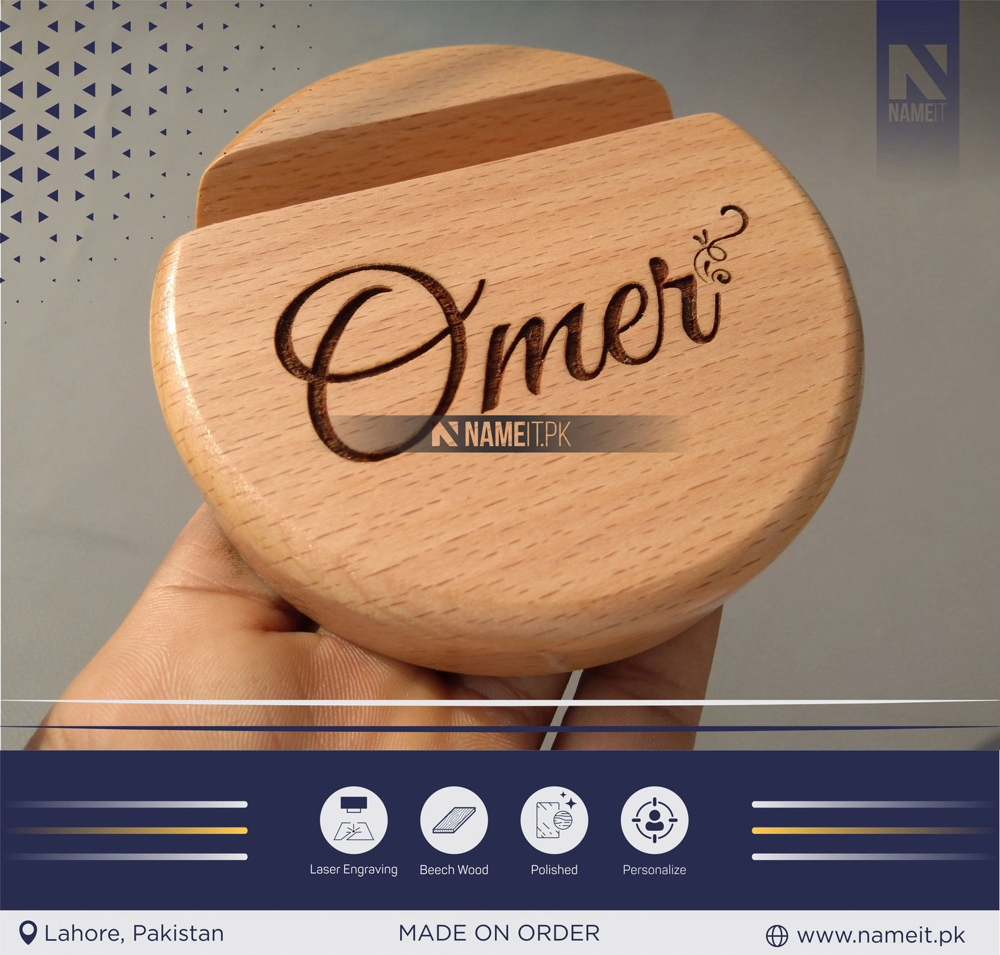 Mobile Wooden Stand, Customize Round Mobile Stand, Engraved Mobile Wooden Stand.