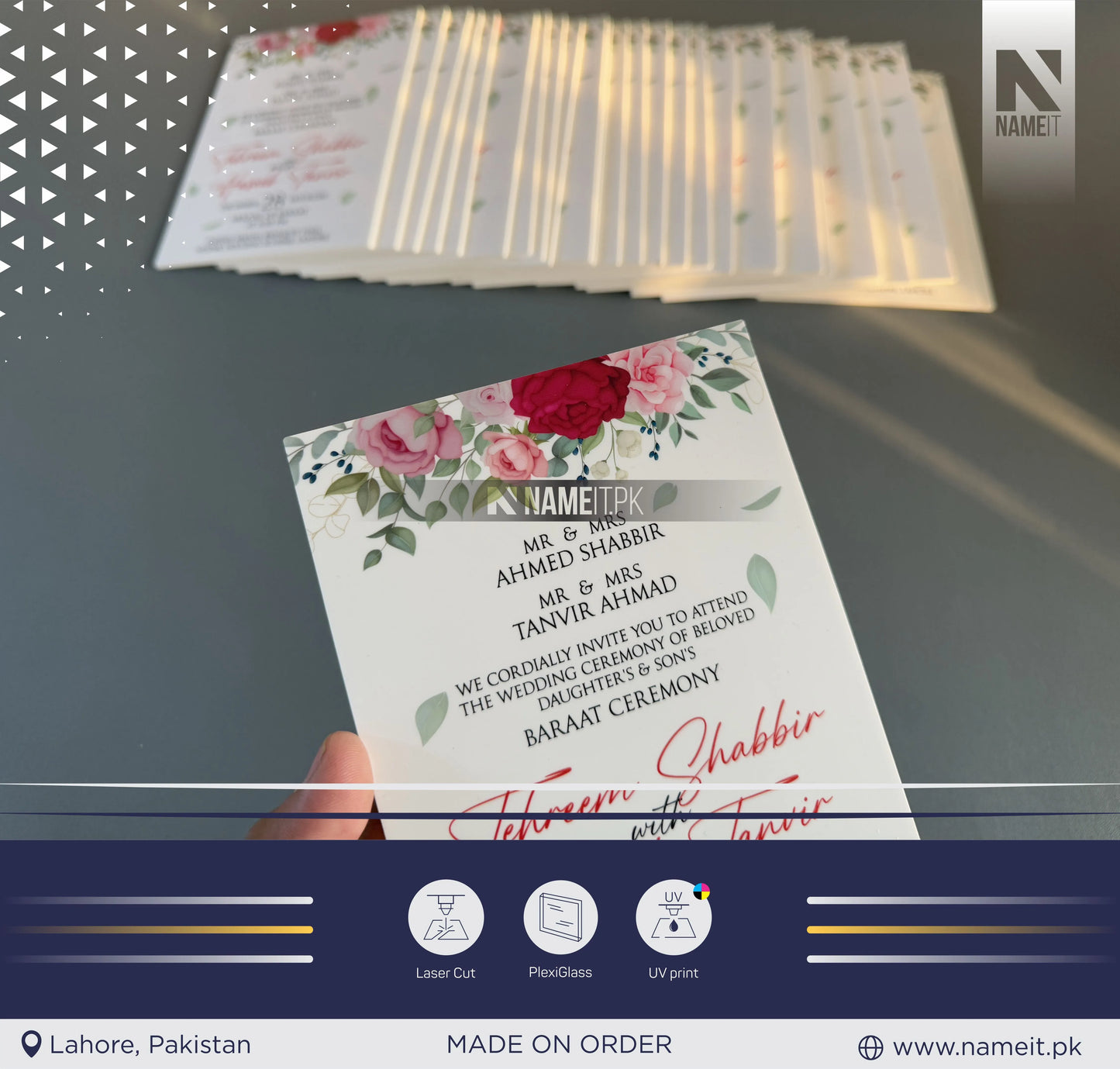 Marriage Invitation Card, Custom acrylic invitations cards, UV printing, laser cutting, custom design, wedding invites, party planning, wedding planning, decoration