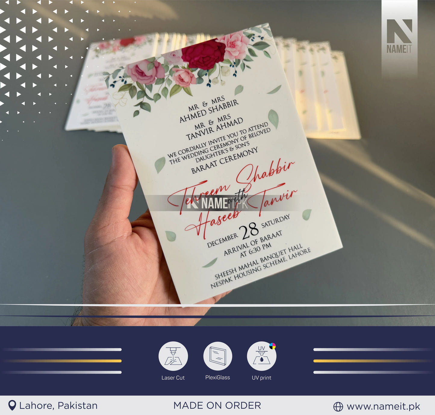 Marriage Invitation Card, Custom acrylic invitations cards, UV printing, laser cutting, custom design, wedding invites, party planning, wedding planning, decoration