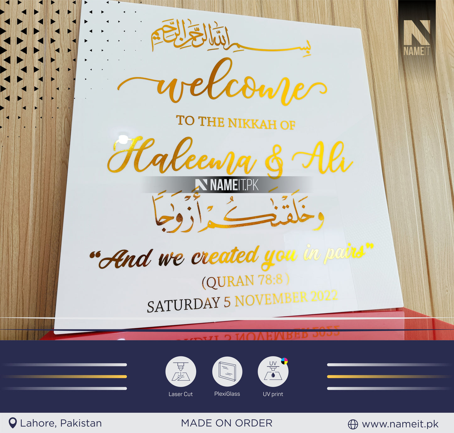 Nikkah Wedding Welcome Sign, Personalised Nikkah, Nikah Sign, Islamic Wedding Sign, Islamic Art, Nikaah Welcome, Walima Sign,Gold Decoration