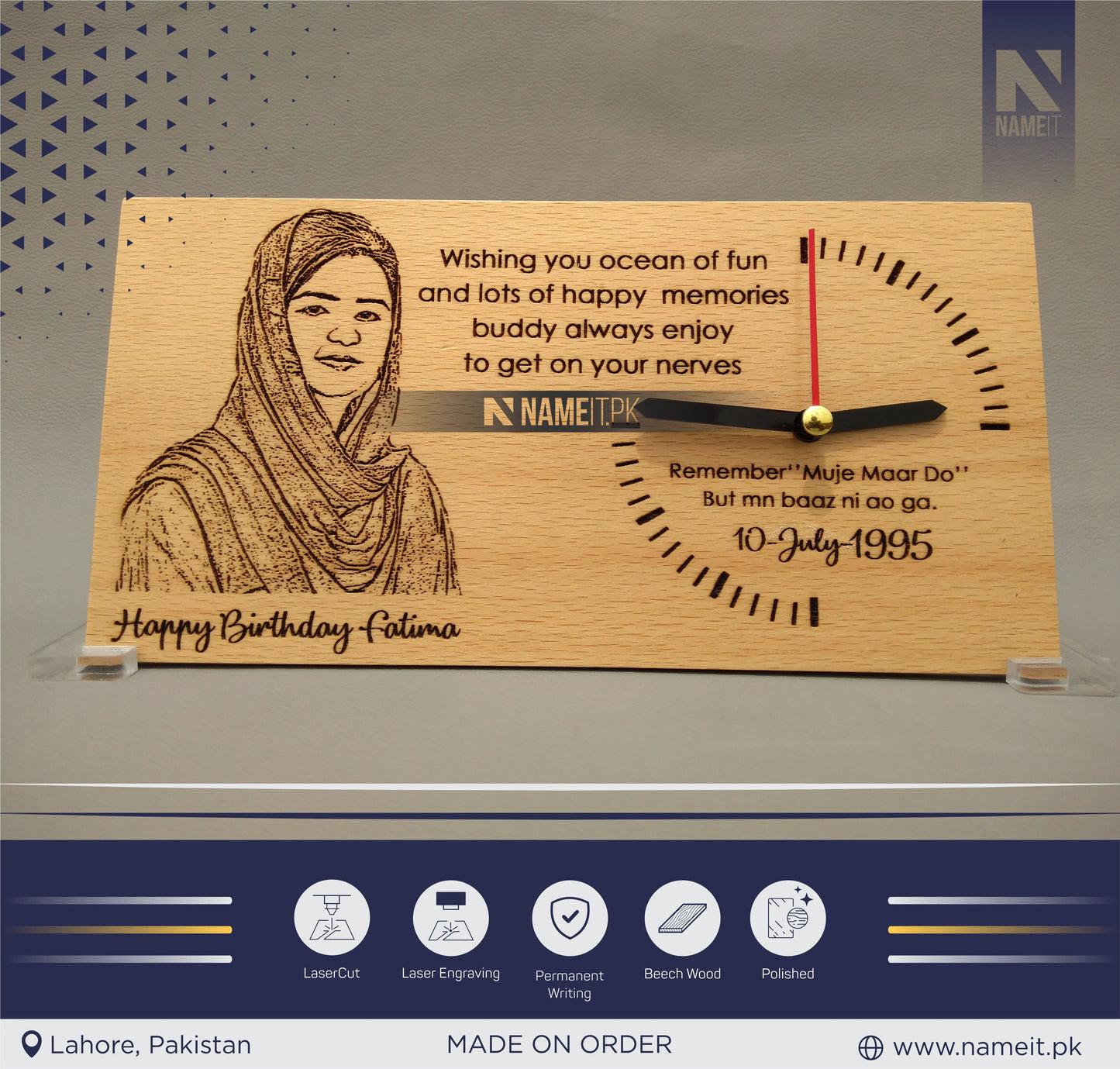 Wooden Clock, Table Clock, With your Picture and Name, Engraved Wooden Clock