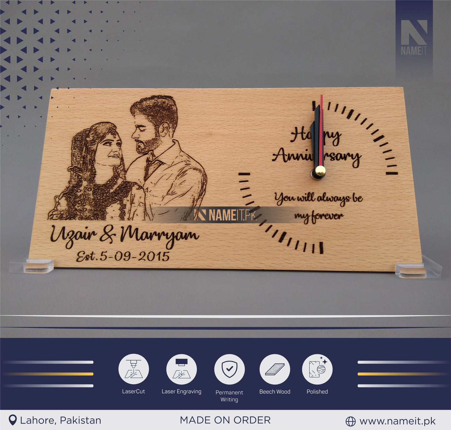 Wooden Clock, Table Clock, With your Picture and Name, Engraved Wooden Clock