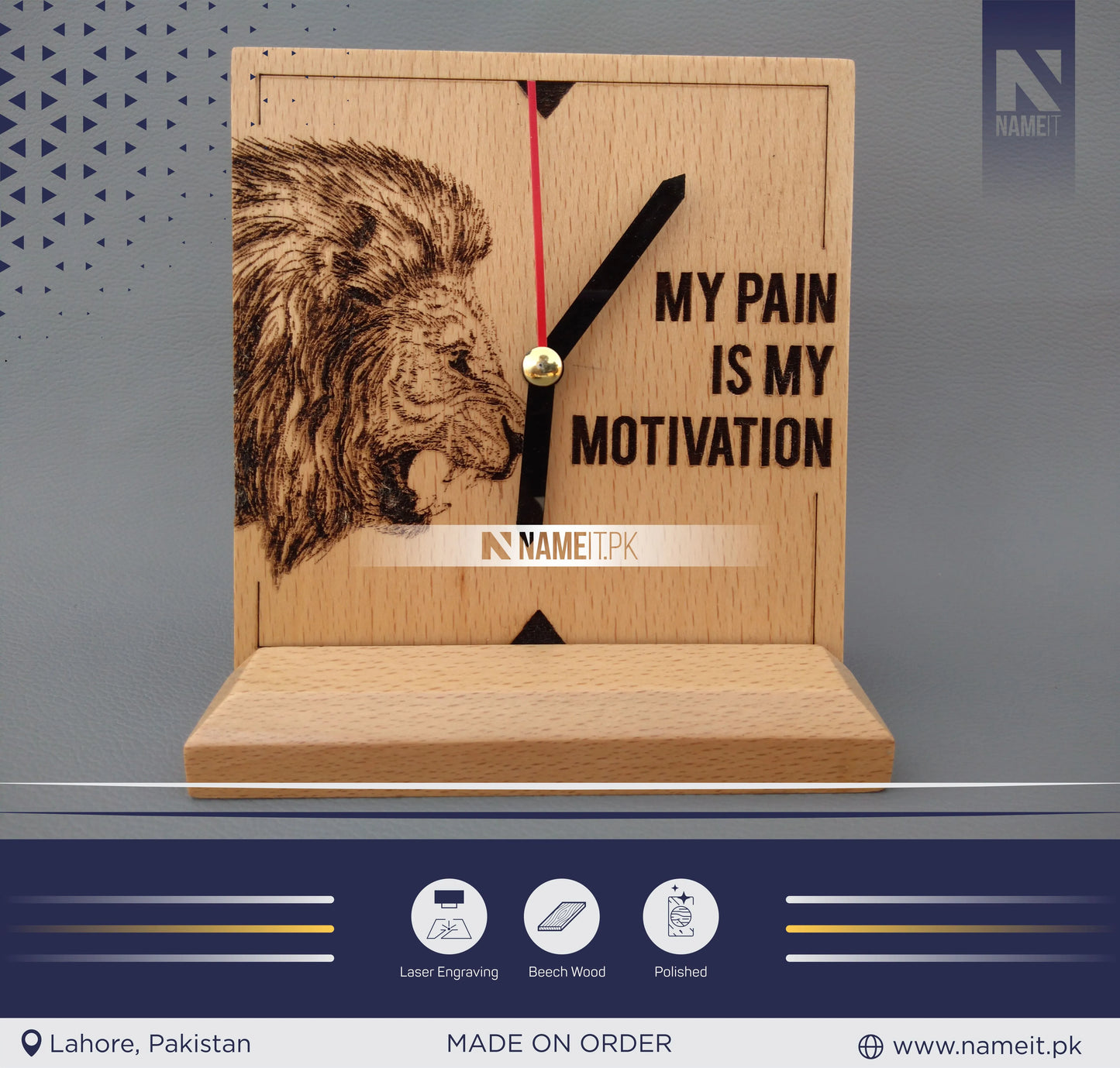 Wooden Clock, Table Clock, With your Picture and Name, Engraved Wooden Clock and base