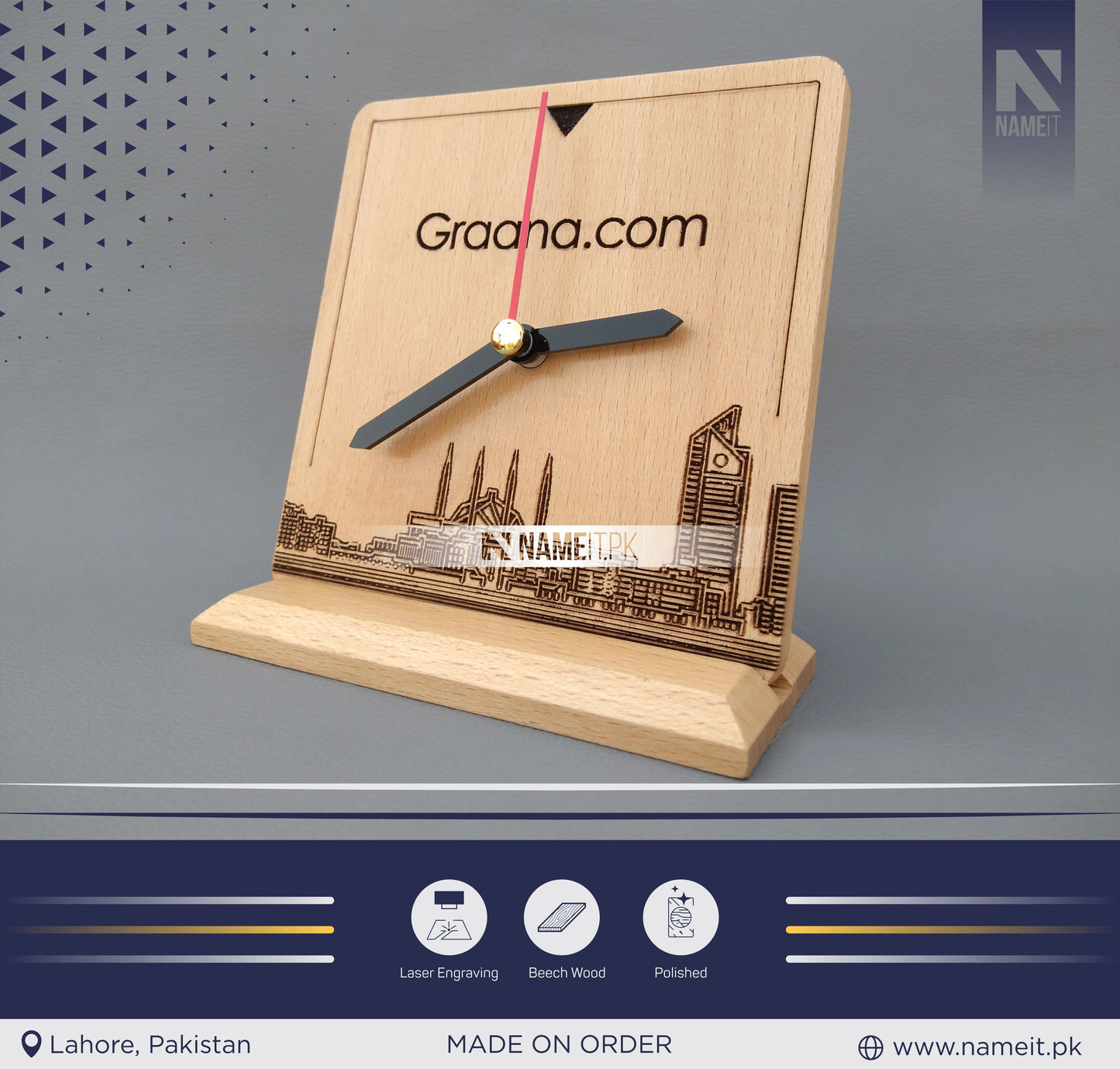 Wooden Clock, Table Clock, With your Picture and Name, Engraved Wooden Clock and base