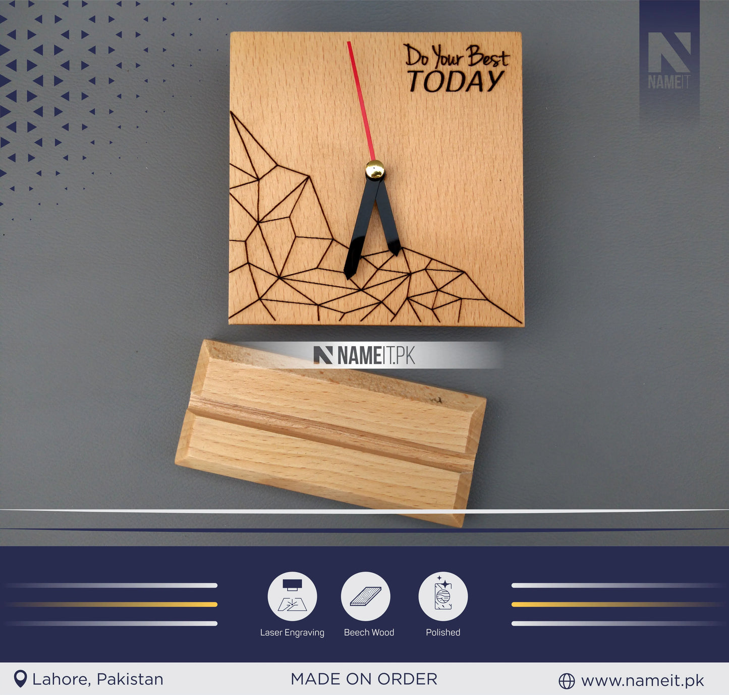 Wooden Clock, Table Clock, With your Picture and Name, Engraved Wooden Clock and base